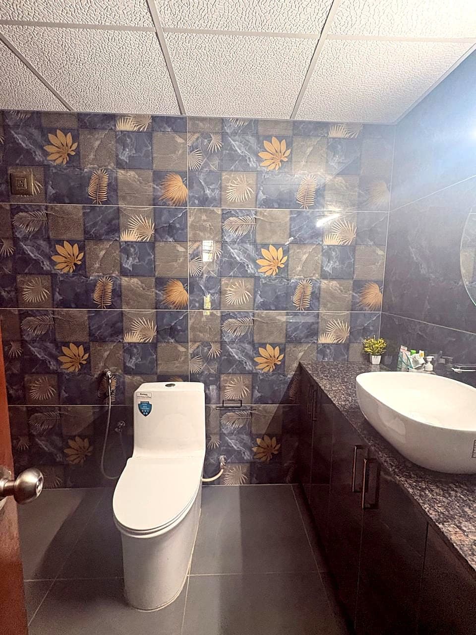 Bathroom — patterned tile, cleaner