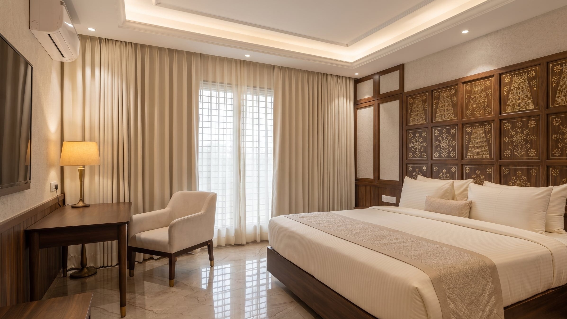 A concept render of a hotel reception in walnut and fluted stone, with a backlit feature wall